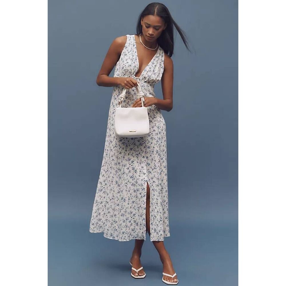 Reformation Women's Floral Plunge Ceara Sleeveless Midi Dress White Blue Sz 2